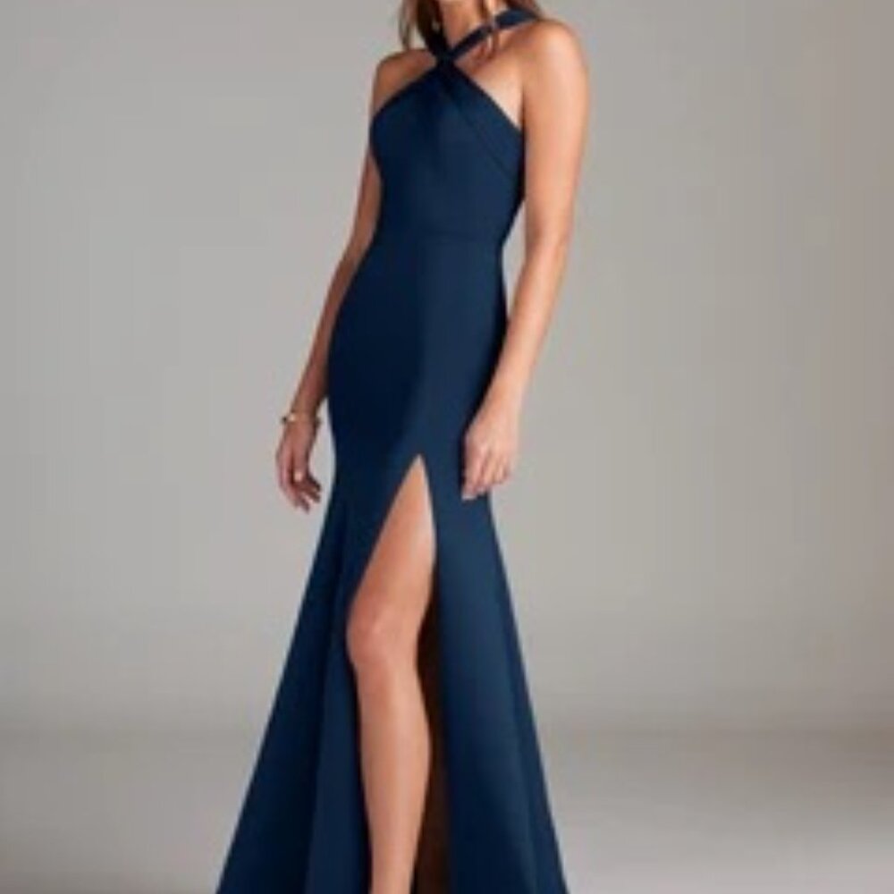 Azazie Rue Stretch Dark Navy A-Line Pleated Stretch Satin Dress